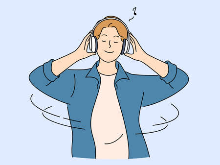 Happy man listen music in earphonesのイラスト素材