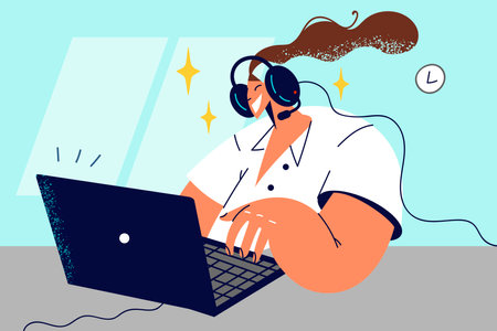 Happy woman in headset work on computerのイラスト素材