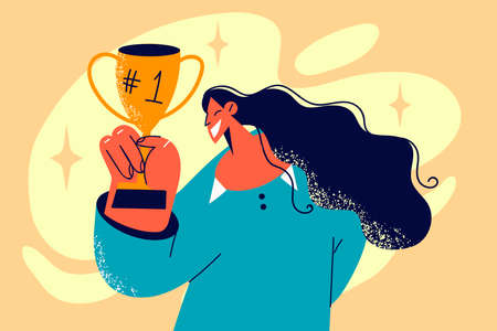 Smiling woman holding golden prizeのイラスト素材