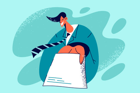 Smiling businessman stretch hand with paperのイラスト素材