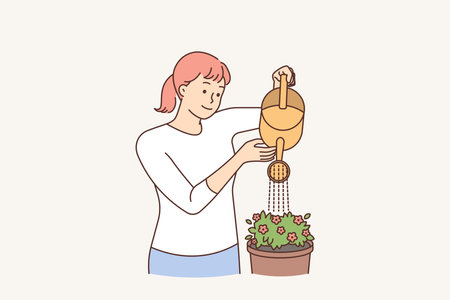 Smiling woman watering houseplantのイラスト素材