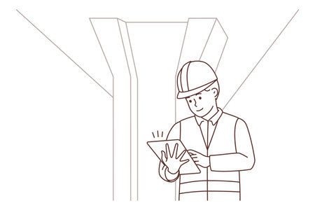 Male engineer in uniform near bridge constructionのイラスト素材
