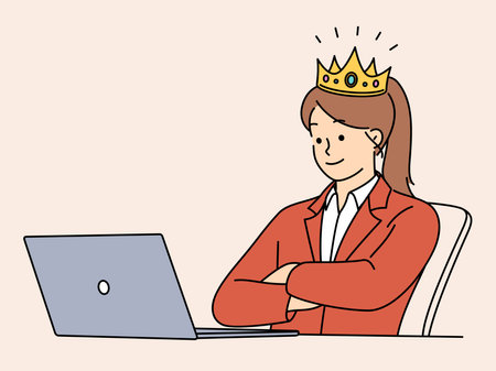 Businesswoman in crown working on laptopのイラスト素材
