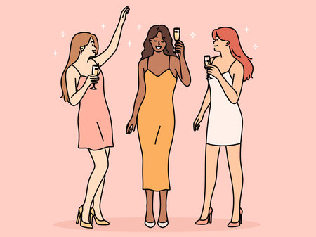 Smiling women drinking champagne on partyのイラスト素材
