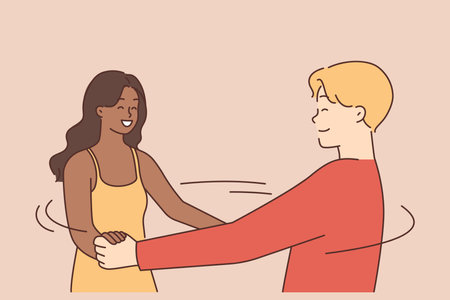 Happy interracial couple dancingのイラスト素材