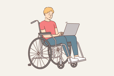 Smiling man in wheelchair work on computerのイラスト素材