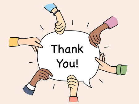 Diverse hands hold speech bubble with thank youのイラスト素材