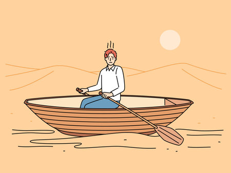 Stressed man rowing in desertのイラスト素材