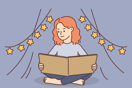 Cute girl child reading bookのイラスト素材