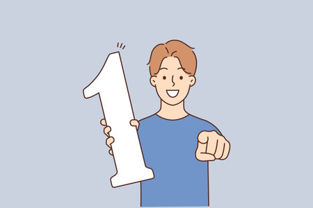 Smiling boy hold number one point at screenのイラスト素材