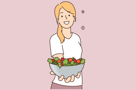 Smiling woman hold bowl of vegetarian saladのイラスト素材