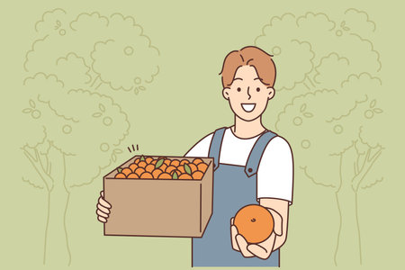 Smiling male farmer with box of fruitsのイラスト素材