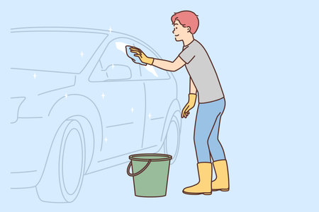 Smiling man cleaning car with detergentのイラスト素材