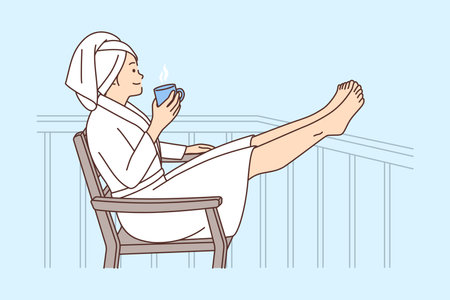 Smiling woman in bathrobe relax on balconyのイラスト素材