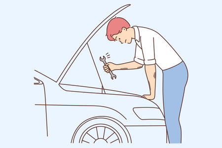 Young man repair car with toolのイラスト素材