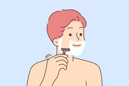 Smiling man shaving with razorのイラスト素材