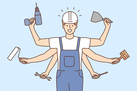 Smiling repairman with numerous hands holding toolsのイラスト素材