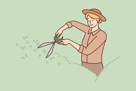 Woman gardener uses large scissors to shape bushes and remove diseased twigsのイラスト素材