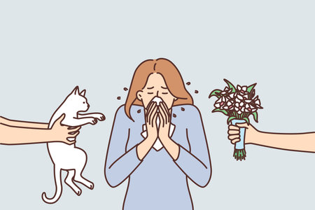 Woman sneezes or experiences rheum due to allergic reaction to cat or flowersのイラスト素材