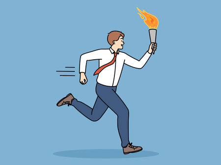 Positive business man runs with champion torch symbolizing professional recordのイラスト素材