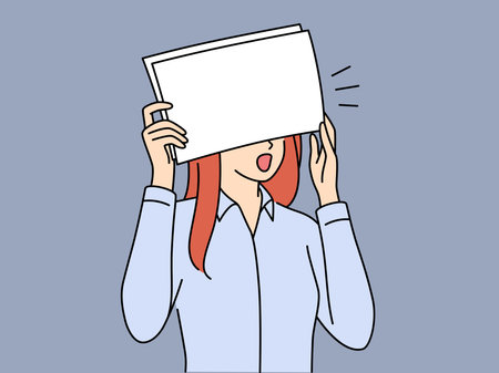 Shocked woman office worker covers eyes with paper after seeing serious mistakeのイラスト素材