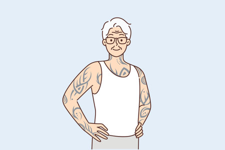 Elderly man with tattoos on arms and body stands with hands on belt proud good health in old ageのイラスト素材