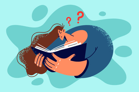 Confused woman reading bookのイラスト素材