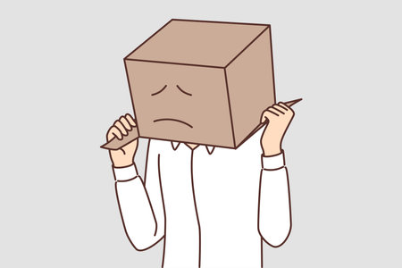 Man with cardboard box on head with painted sad face due problems with courier companyのイラスト素材
