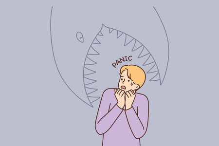 Frightened man having panic attack imagining giant fish trying to eat himのイラスト素材