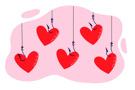 Red hearts hanging on hooks of fishing rods as metaphor for traps for people seeking relationshipsのイラスト素材