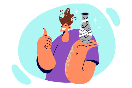 Man who fixed broken vase with adhesive tape and restored vessel shows thumbs up and smilesのイラスト素材