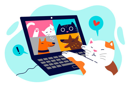 Cat is talking with animal friends via video conference using laptop for online negotiationsのイラスト素材