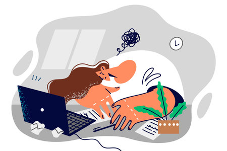 Unmotivated woman freelancer laying head on table suffering from frustration due to poor managementのイラスト素材