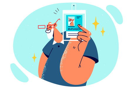 Mature gray-bearded man shows badge-manager necessary for access to territory of companyのイラスト素材