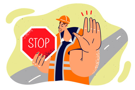 Man in builder uniform shows stop sign and makes caution gesture to warn drivers about road repairsのイラスト素材