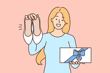 Happy woman showing new shoes and box with gift bow boasting purchase after shoppingのイラスト素材