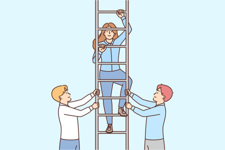 Two men hold ladder with girl for concept close-knit business team and career successのイラスト素材