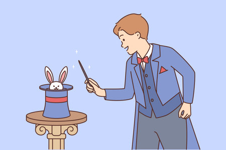 Man magician stands near hat in which rabbit is hiding in preparation for stuntのイラスト素材