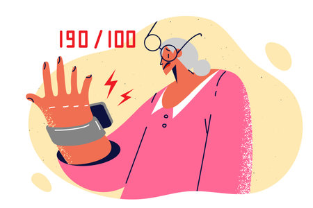 Elderly woman with tanometer to measure from blood pressure suffers from cardiovascular diseasesのイラスト素材