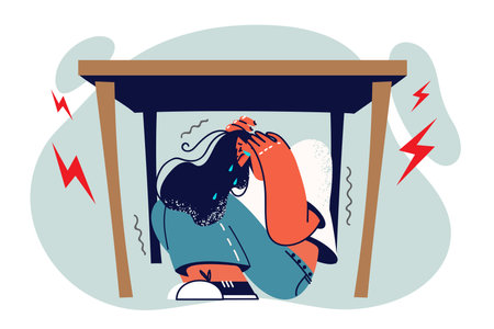 Woman sobs and hides under table in horror during panic attack due to regular stressのイラスト素材