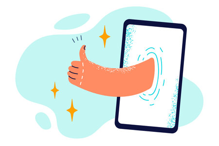 Thumbs up sticking out of phone symbolizes likes on social networks or sympathy in dating serviceのイラスト素材