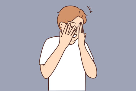 Smiling boy hide behind fingersのイラスト素材