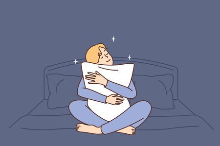 Happy man sit in bed hug pillowのイラスト素材