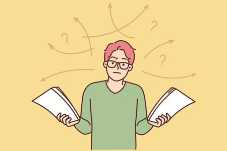 Unhappy man confused with paperworkのイラスト素材