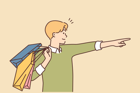 Happy man with shopping bags point with fingerのイラスト素材