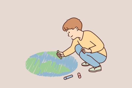 Smiling boy child draw planet on groundのイラスト素材