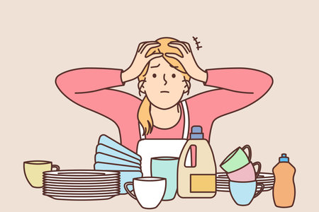 Unhappy housewife overwhelmed with houseworkのイラスト素材