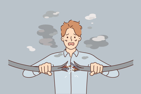 Stressed businessman with electric shock from cableのイラスト素材