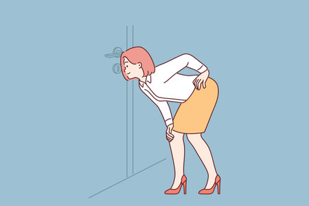 Curious woman look through keyhole in officeのイラスト素材