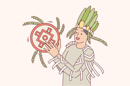 Smiling man in traditional costume play instrumentのイラスト素材